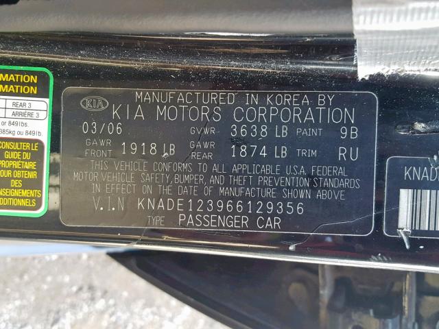 KNADE123966129356 - 2006 KIA RIO BLACK photo 10