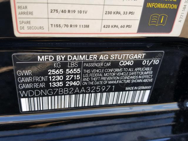 WDDNG7BB2AA325971 - 2010 MERCEDES-BENZ S 550 BLACK photo 10