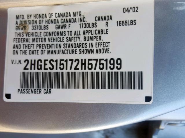 2HGES15172H575199 - 2002 HONDA CIVIC DX SILVER photo 10