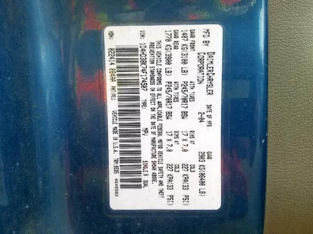 1D4HD38K74F174507 - 2004 DODGE DURANGO ST BLUE photo 10