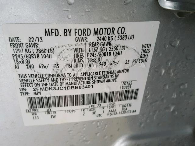 2FMDK3JC1DBB83401 - 2013 FORD EDGE SEL GRAY photo 10