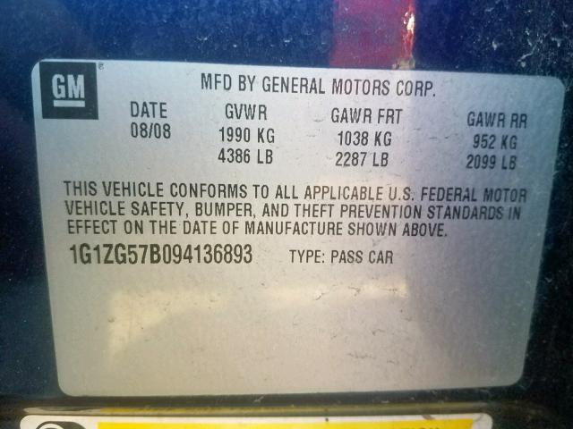 1G1ZG57B094136893 - 2009 CHEVROLET MALIBU LS BLUE photo 10