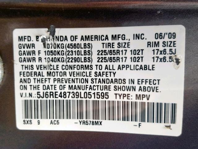 5J6RE48739L051595 - 2009 HONDA CR-V EXL BROWN photo 10