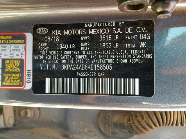 3KPA24AB6KE158505 - 2019 KIA RIO S GRAY photo 10