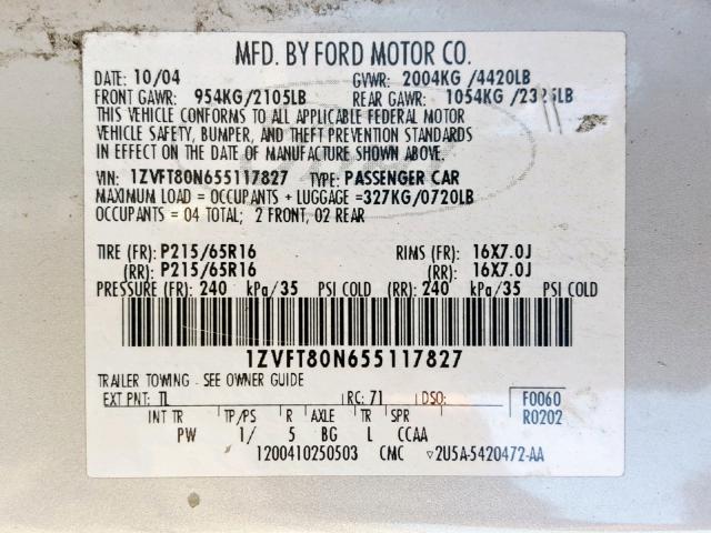 1ZVFT80N655117827 - 2005 FORD MUSTANG SILVER photo 10