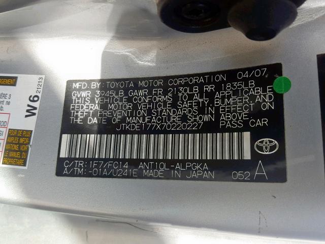 JTKDE177X70220227 - 2007 TOYOTA SCION TC ვერცხლისფერი ფოტო 10