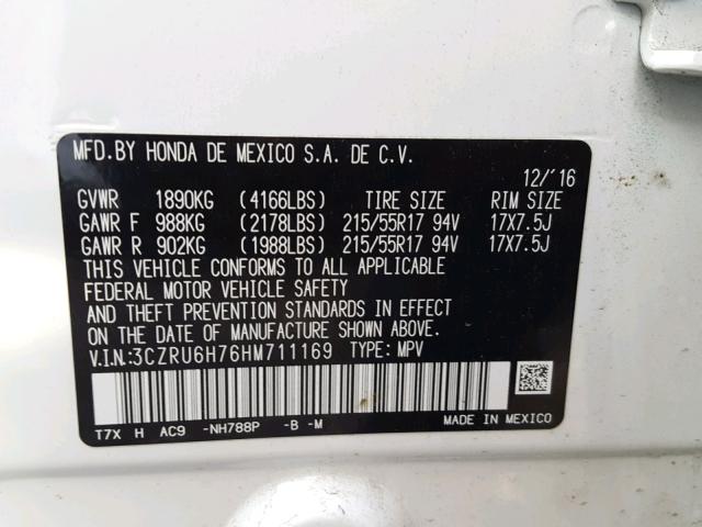 3CZRU6H76HM711169 - 2017 HONDA HR-V EXL WHITE photo 10