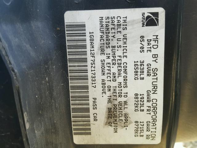 1G8AM12F75Z173317 - 2005 SATURN ION LEVEL 黑色 照片 10