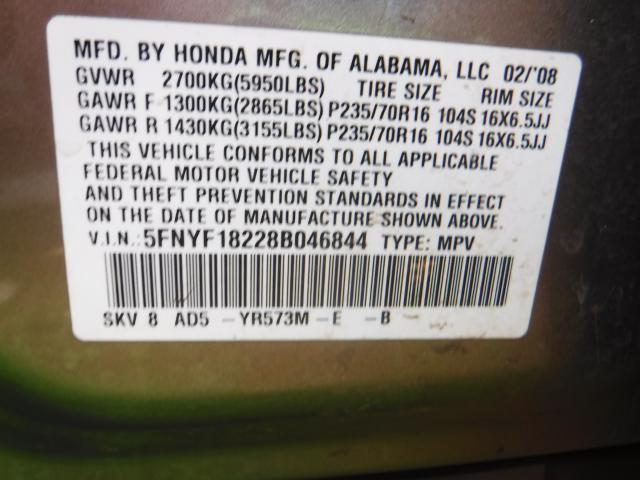 5FNYF18228B046844 - 2008 HONDA PILOT VP GOLD photo 10