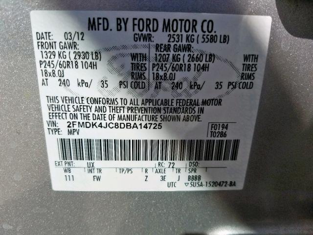 2FMDK4JC8DBA14725 - 2013 FORD EDGE SEL SILVER photo 10