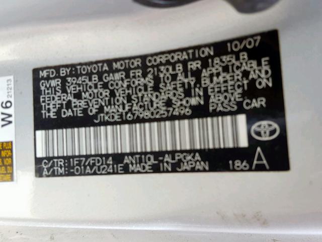 JTKDE167980257496 - 2008 TOYOTA SCION TC ვერცხლისფერი ფოტო 10