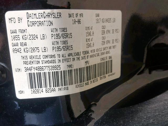 3A4FY48B67T539925 - 2007 CHRYSLER PT CRUISER BLACK photo 10