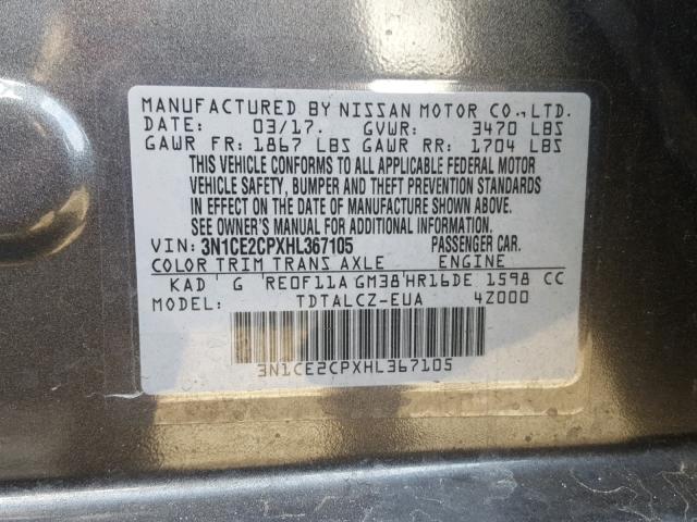 3N1CE2CPXHL367105 - 2017 NISSAN VERSA NOTE GRAY photo 10