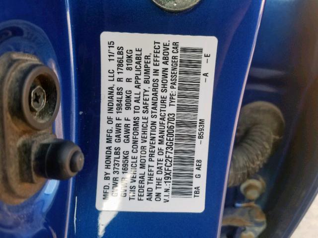 19XFC2F73GE006703 - 2016 HONDA CIVIC EX BLUE photo 10