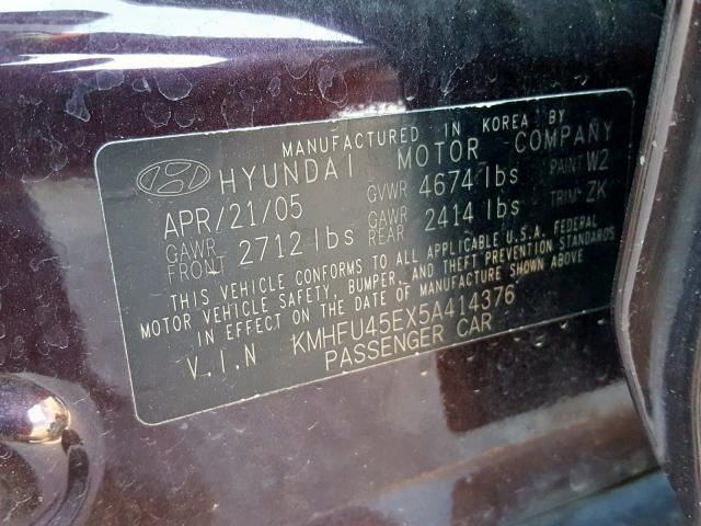 KMHFU45EX5A414376 - 2005 HYUNDAI XG 350 BURGUNDY photo 10