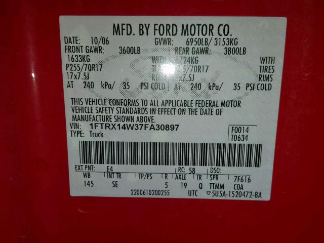 1FTRX14W37FA30897 - 2007 FORD F150 RED photo 10