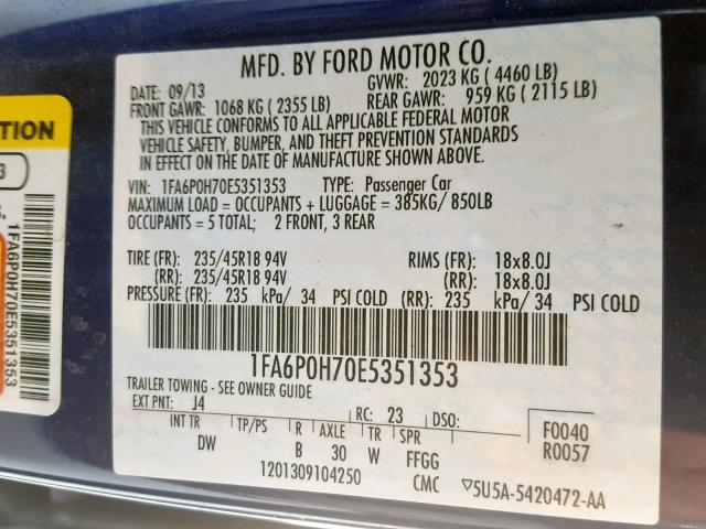 1FA6P0H70E5351353 - 2014 FORD FUSION SE BLUE photo 10