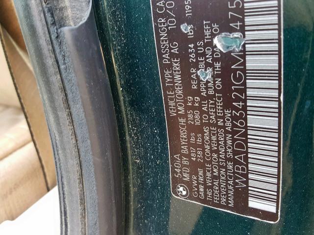 WBADN63421GM70475 - 2001 BMW 540 I AUTO GREEN photo 10