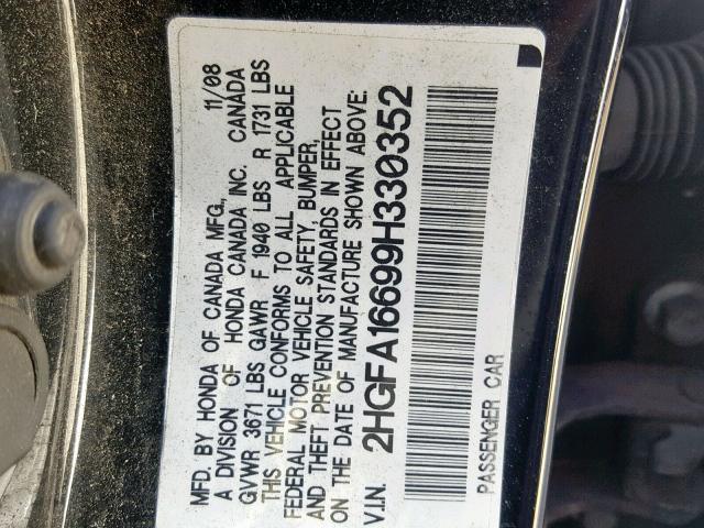 2HGFA16699H330352 - 2009 HONDA CIVIC LX-S Qara foto 10