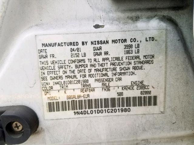 1N4DL01D01C201980 - 2001 NISSAN ALTIMA XE WHITE photo 10