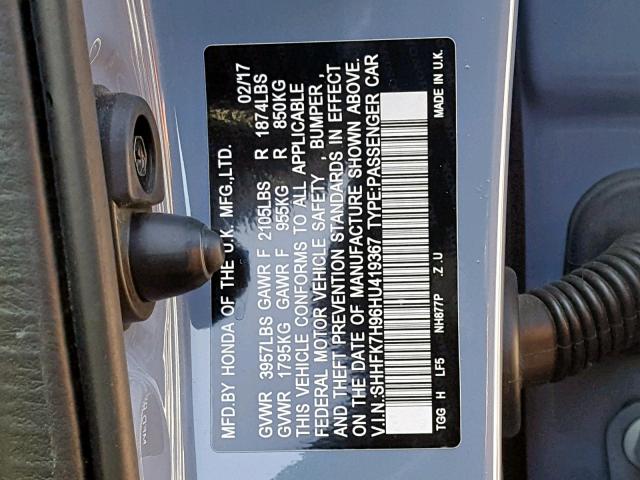 SHHFK7H96HU419367 - 2017 HONDA CIVIC SPOR GRAY photo 10