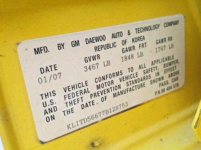 KL1TD56677B128753 - 2007 CHEVROLET AVEO BASE ყვითელი ფოტო 10