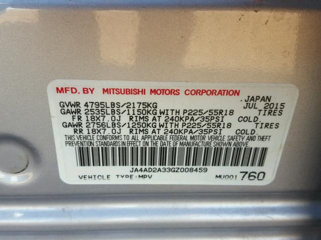 JA4AD2A33GZ008459 - 2016 MITSUBISHI OUTLANDER SILVER photo 10