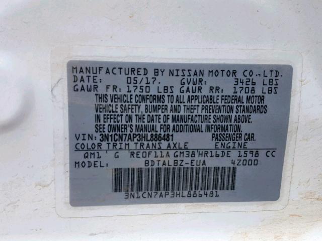 3N1CN7AP3HL886481 - 2017 NISSAN VERSA S WHITE photo 10