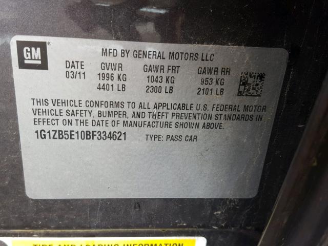 1G1ZB5E10BF334621 - 2011 CHEVROLET MALIBU LS 石墨色 照片 10