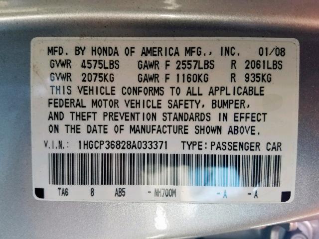 1HGCP36828A033371 - 2008 HONDA ACCORD EXL SILVER photo 10