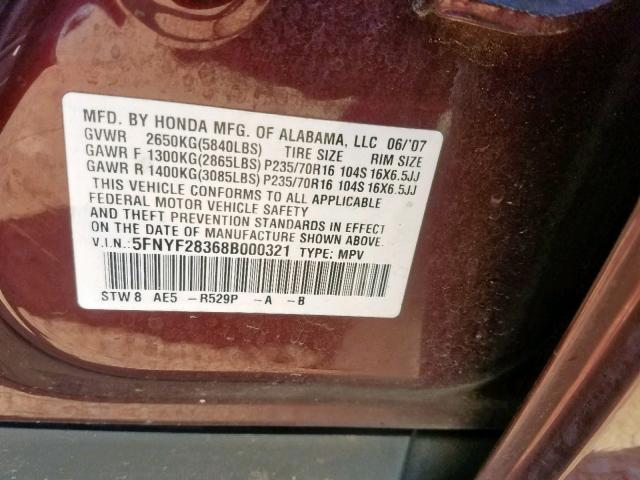 5FNYF28368B000321 - 2008 HONDA PILOT SE MAROON photo 10