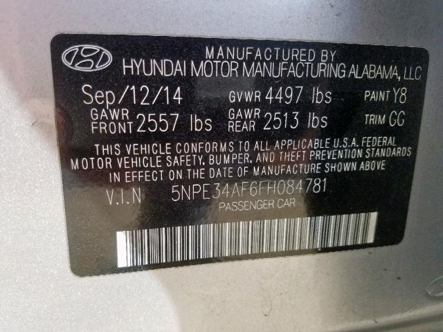 5NPE34AF6FH084781 - 2015 HYUNDAI SONATA SPO SILVER photo 10