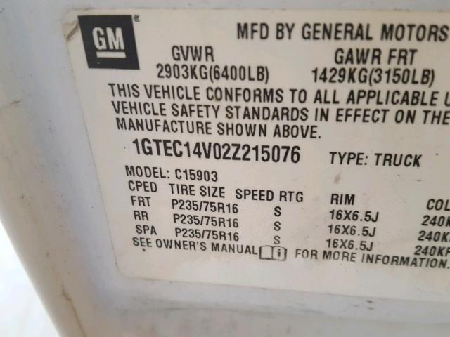 1GTEC14V02Z215076 - 2002 GMC NEW SIERRA WHITE photo 10