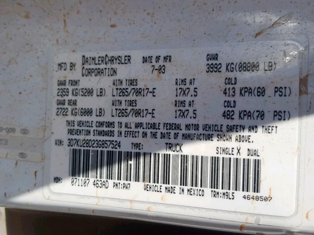 3D7KU28D23G857524 - 2003 DODGE RAM 2500 S Սպիտակ լուսանկար 10