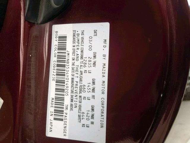 JM1NB3534Y0149205 - 2000 MAZDA MX-5 MIATA MAROON photo 10