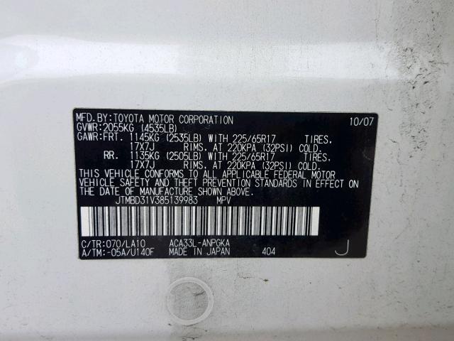 JTMBD31V385139983 - 2008 TOYOTA RAV4 LIMIT WHITE photo 10