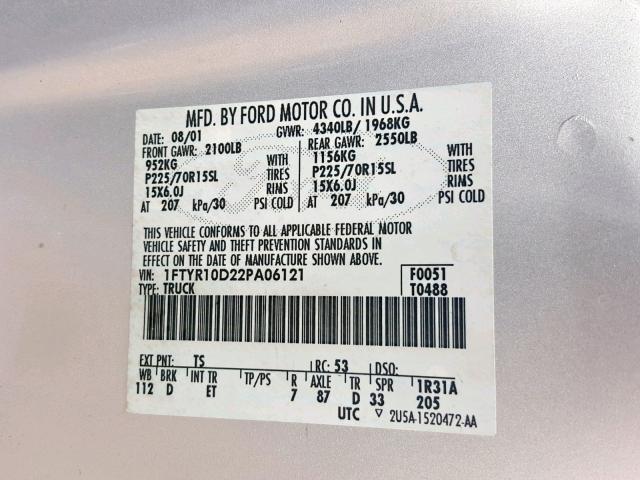 1FTYR10D22PA06121 - 2002 FORD RANGER SILVER photo 10