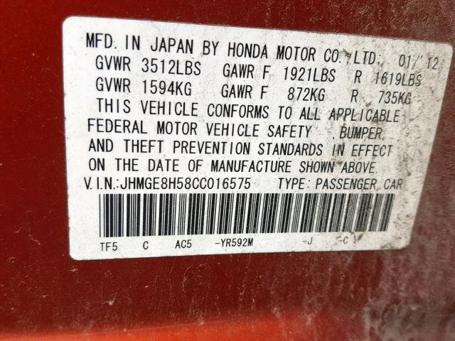 JHMGE8H58CC016575 - 2012 HONDA FIT SPORT ORANGE photo 10