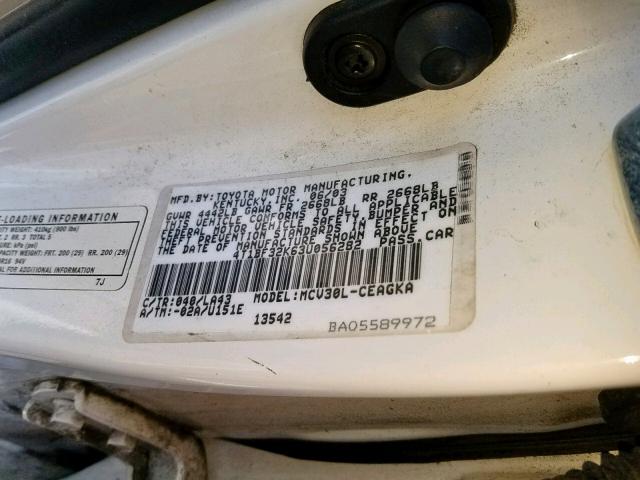 4T1BF32K63U056282 - 2003 TOYOTA CAMRY LE WHITE photo 10