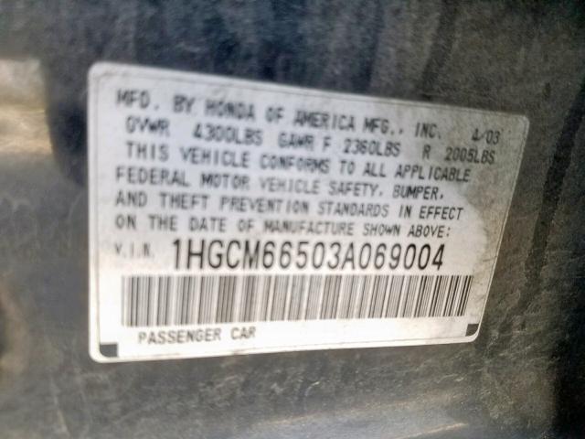 1HGCM66503A069004 - 2003 HONDA ACCORD EX BLACK photo 10