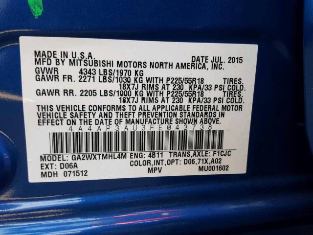 4A4AP3AU3FE043738 - 2015 MITSUBISHI OUTLANDER BLUE photo 10