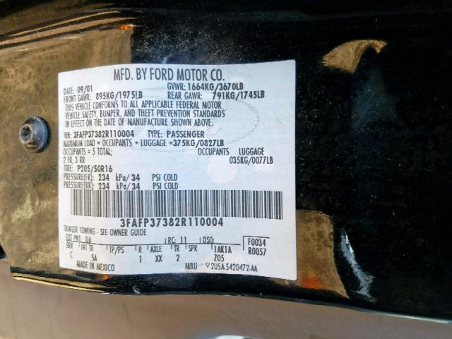 3FAFP37382R110004 - 2002 FORD FOCUS ZX5 BLACK photo 10