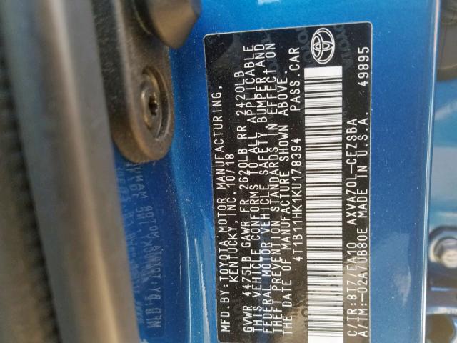 4T1B11HK1KU178394 - 2019 TOYOTA CAMRY L BLUE photo 10