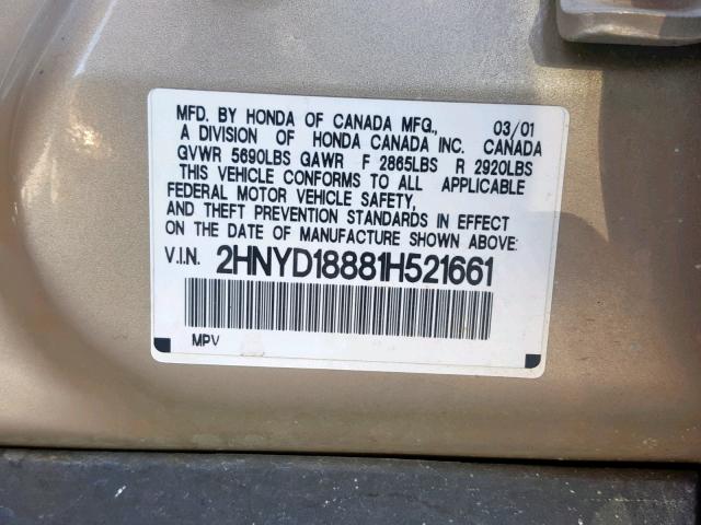 2HNYD18881H521661 - 2001 ACURA MDX TOURIN TAN photo 10