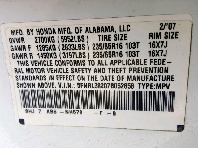 5FNRL38207B052858 - 2007 HONDA ODYSSEY LX WHITE photo 10