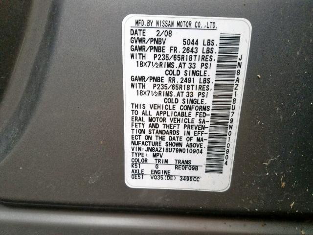 JN8AZ18U79W010904 - 2009 NISSAN MURANO S GRAY photo 10