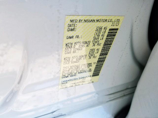 1N6BA0EC0EN506279 - 2014 NISSAN TITAN S WHITE photo 10