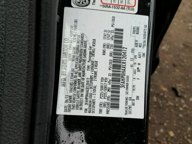 3FAHP0HAXCR120412 - 2012 FORD FUSION SE BLACK photo 10