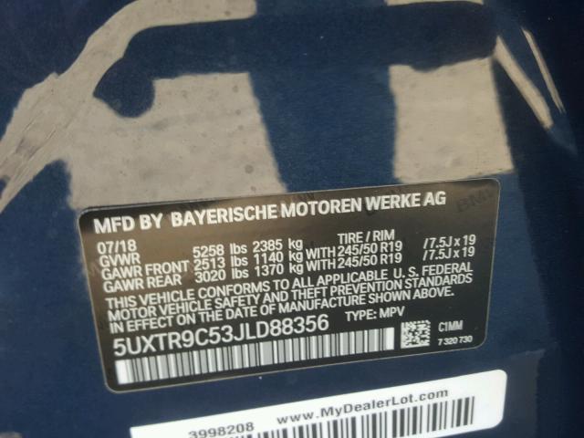 5UXTR9C53JLD88356 - 2018 BMW X3 XDRIVEM ლურჯი ფოტო 10