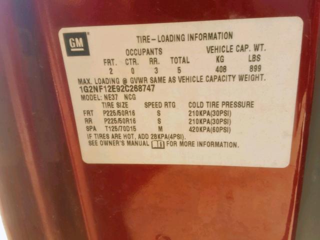 1G2NF12E92C268747 - 2002 PONTIAC GRAND AM S RED photo 10